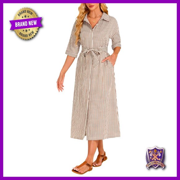Half Sleeve Plaid Maxi Dress Button Down Casual Long Loose Belted Chic